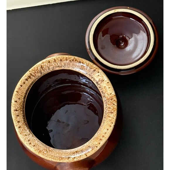 Hull Pottery Vintage Drip Brown Bean Pot Lid Oven Proof Crock USA Made Glaze Jar - Picture 6 of 16